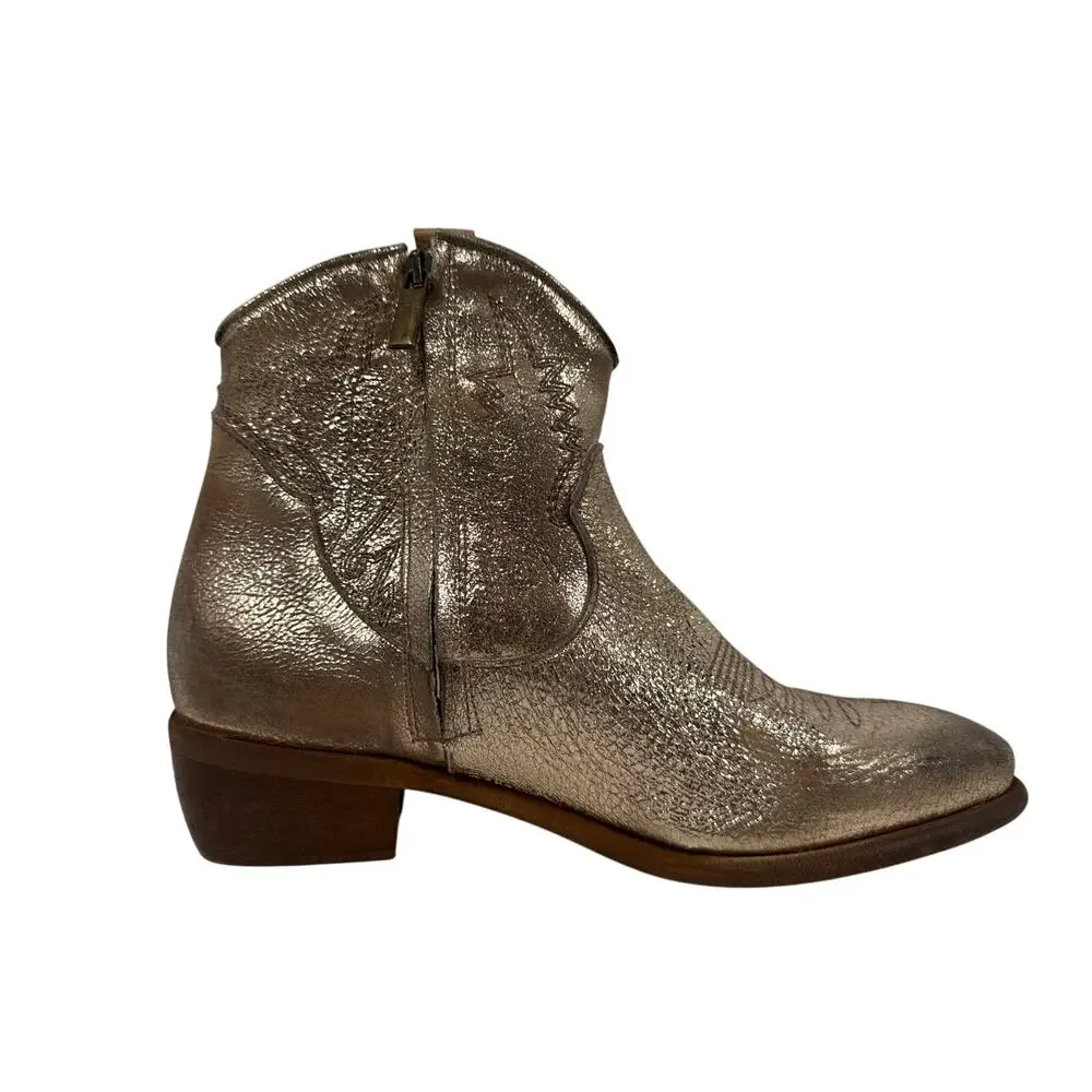 Sesto Meucci Texric‎ Western Ankle Bootie Womens 9 Italian Leather Metallic Gold